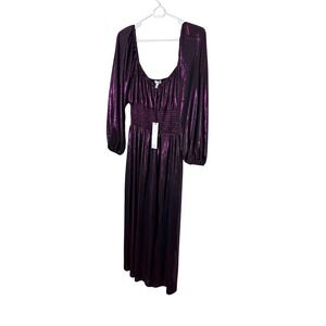 NSR Dress Womens Large Purple Metallic Smocked Waist Long Sleeve Maxi Party